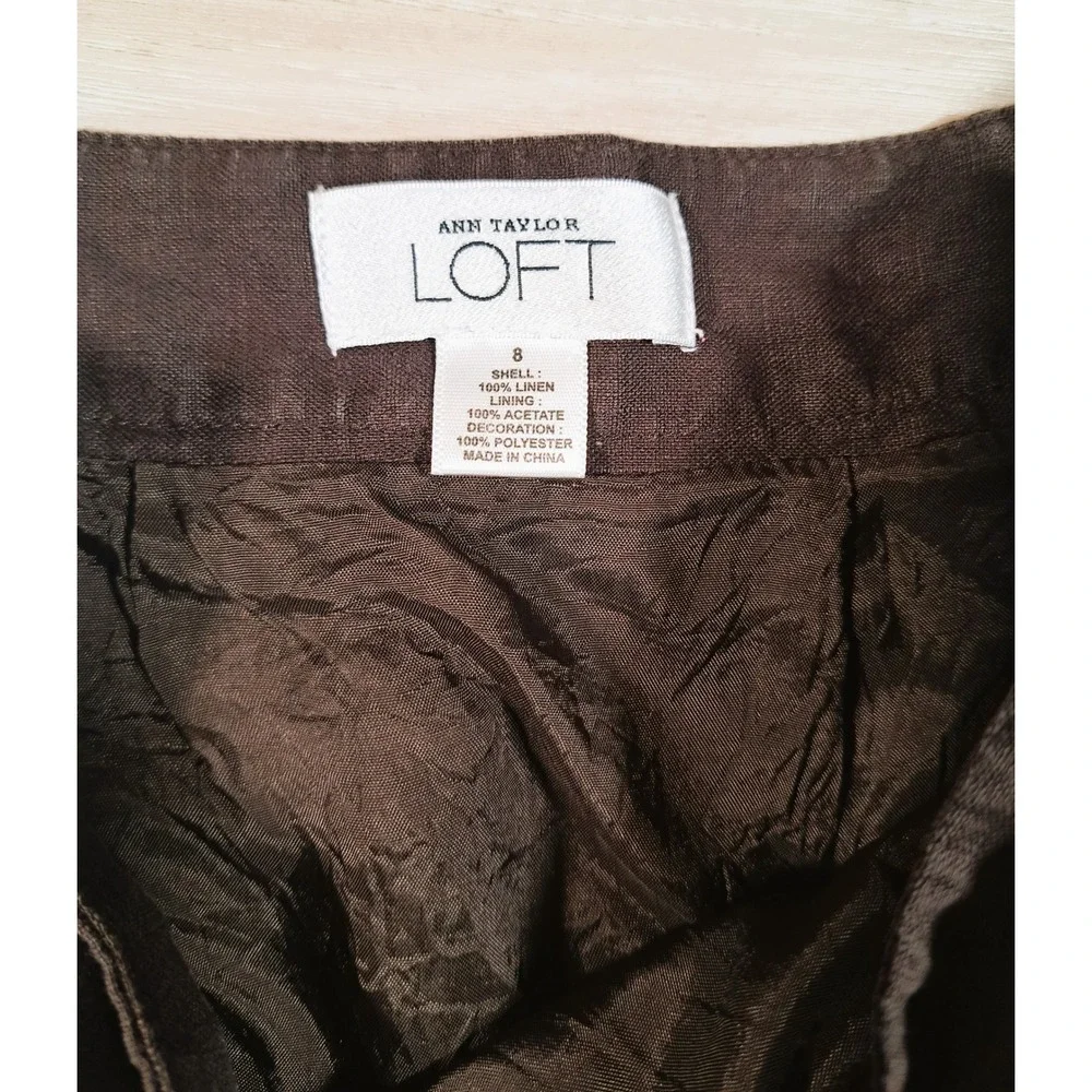 Ann Taylor Loft Brown Linen Embroidered Chevron A-Line‎ Boho Teal Skirt Size 8